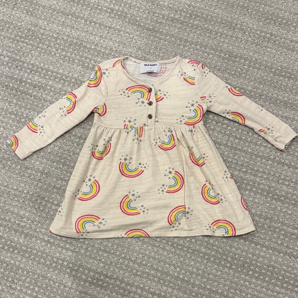 Old Navy Cream Rainbow Button-Front Long-Sleeve Dress